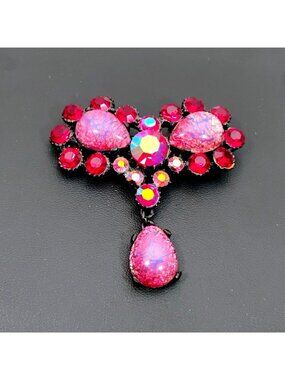 Vtg Claudette japanned pink & red art glass brooch Foiled Art Glass Cat's Eye